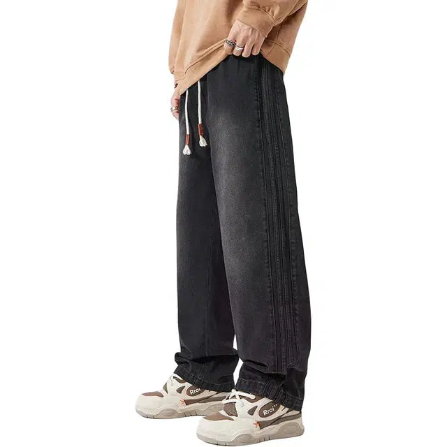 杜克恩 重磅水洗做旧条纹工装阔腿裤秋季美式复古宽松街头潮流牛仔裤 男款