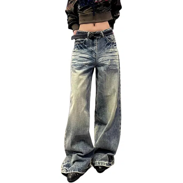 柏黛妃 大码美式复古辣妹水洗做旧女秋季宽松显瘦垂感弯刀长裤潮牛仔裤 女款