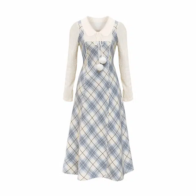 棉购 复古毛呢格纹气质收腰娃娃领长裙学生显瘦保暖秋冬长袖连衣裙 女款