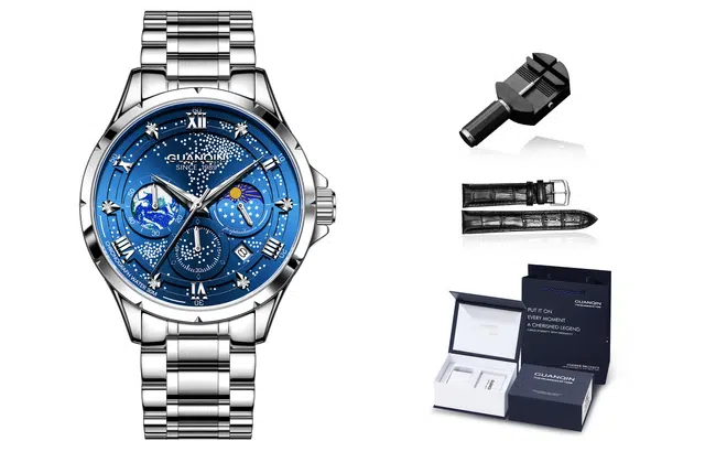 冠琴 星辰大海系列 国潮时尚机械风格男士腕表 石英机芯 精钢表带 国表 男表 蓝色表盘 夜光防水礼盒装