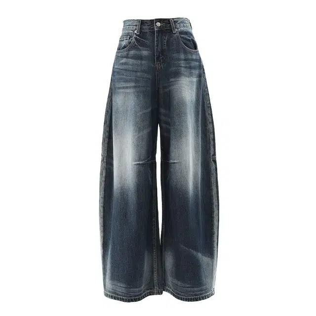 拾籍 时尚潮流猫纹渐变高腰设计宽松阔腿裤女秋冬复古百搭垂感牛仔裤 女款