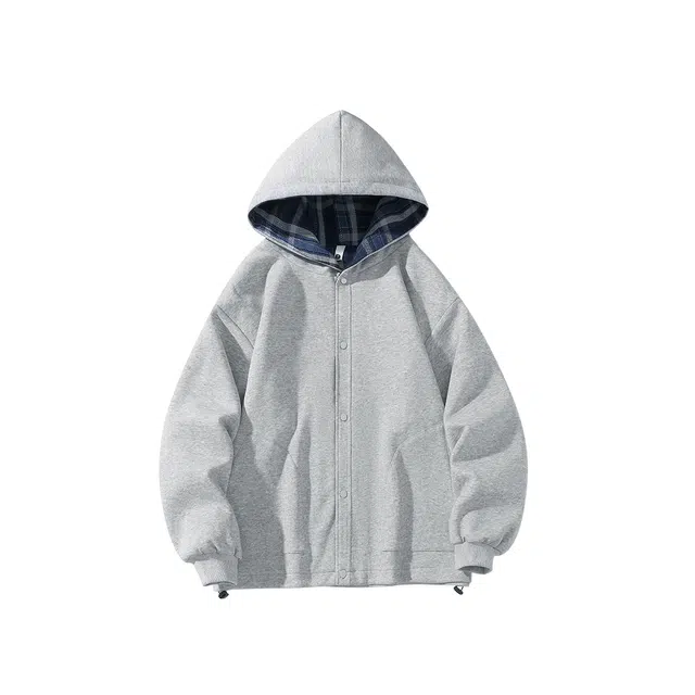 顶峰保罗 美式复古潮牌格子拼接开衫重磅连帽外套无性别主义痞帅休闲运动宽松大码夹克上衣简约百搭高街长袖卫衣 男女同款