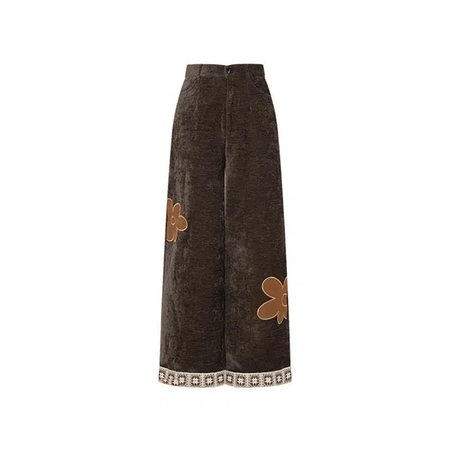 两三事 复古法式文艺慵懒通勤宽松舒适百搭设计花朵贴布绣钩花裤脚绒布直筒阔腿长裤休闲裤 女款