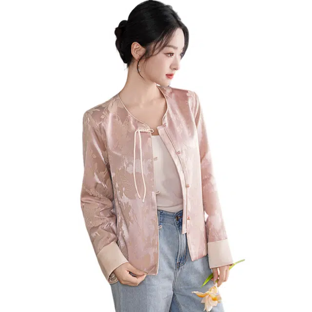 荟萃阁 新中式气质典雅盘扣缎面改良重工提花民族风淑女百搭长袖上衣夹克 女款