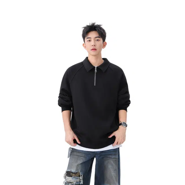 加荣 美式潮流半拉链男外套宽松翻领百搭小众男秋卫衣时尚高端衣服慵懒风情侣青少年男装帅气学生春秋季舒适上衣 男女同款