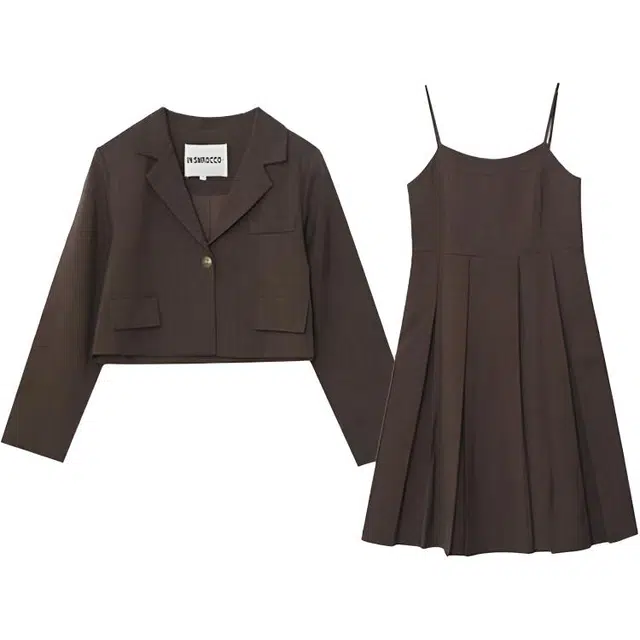 惟友 胖女生穿搭秋款秋装胖女孩显瘦胖妹妹西装外套百褶吊带裙大码女装裙装套装 女款 设计感气质