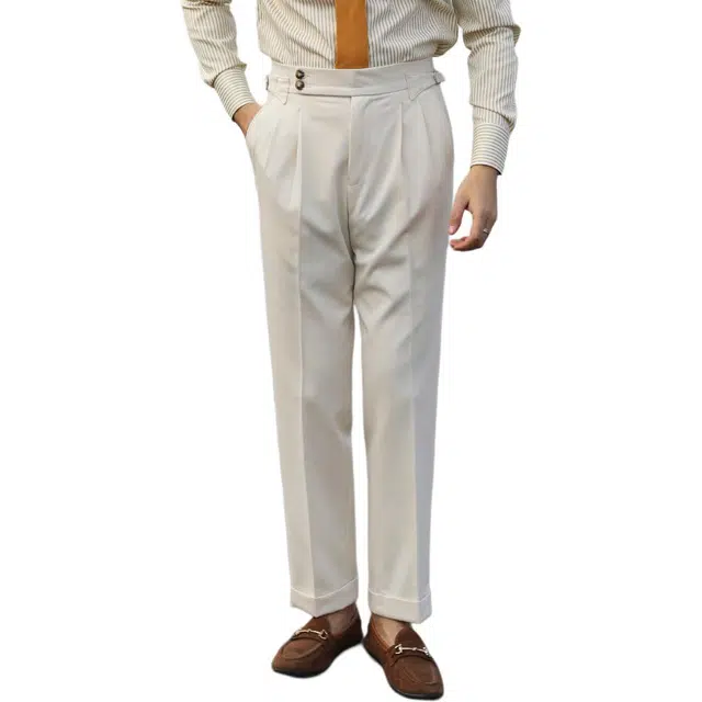 大格子与黑猫 复古巴黎扣修身纯色长裤西装裤 男款