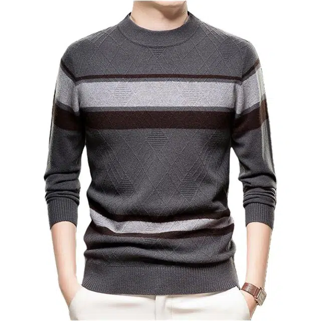 太子龍 提花中年休闲条纹保暖打底衫针织衫 男款