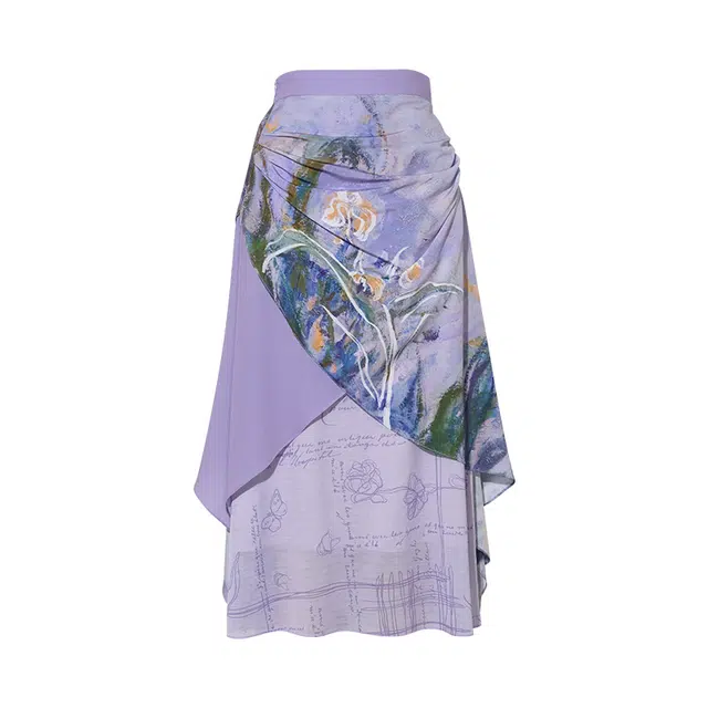 两三事 鸢草花田 复古文艺个性时尚潮流高级层次感宽松舒适高腰折叠印花褶皱艺术半身裙休闲长裙 女款