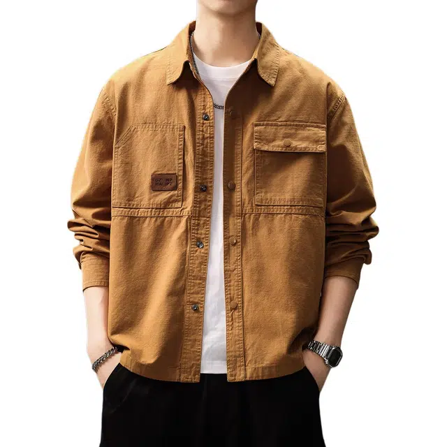 贵色 潮牌美式复古阿美咔叽风工装长袖高街痞帅潮流百搭拼接口袋设计日常穿搭休闲翻领衬衫 男女同款