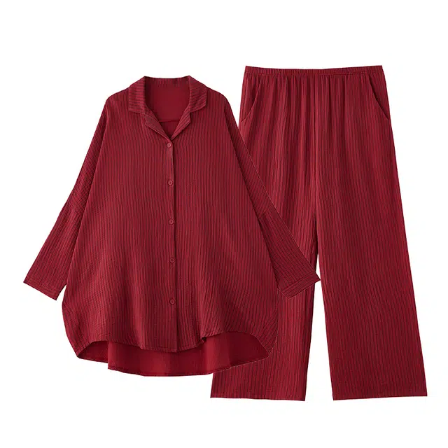 俏薇妮 春秋季结婚新婚大码条纹纯棉纱布长袖睡衣套装 女款