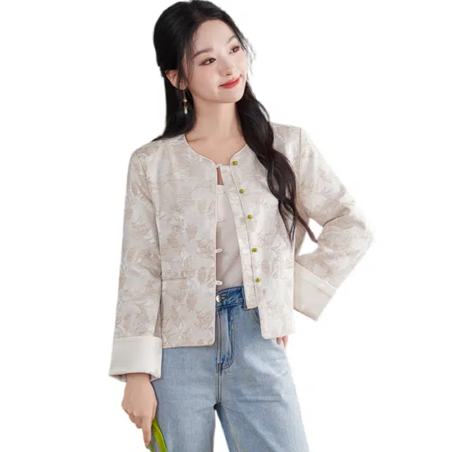 荟萃阁 新中式国潮提花圆领显瘦长袖夹克外套 女款