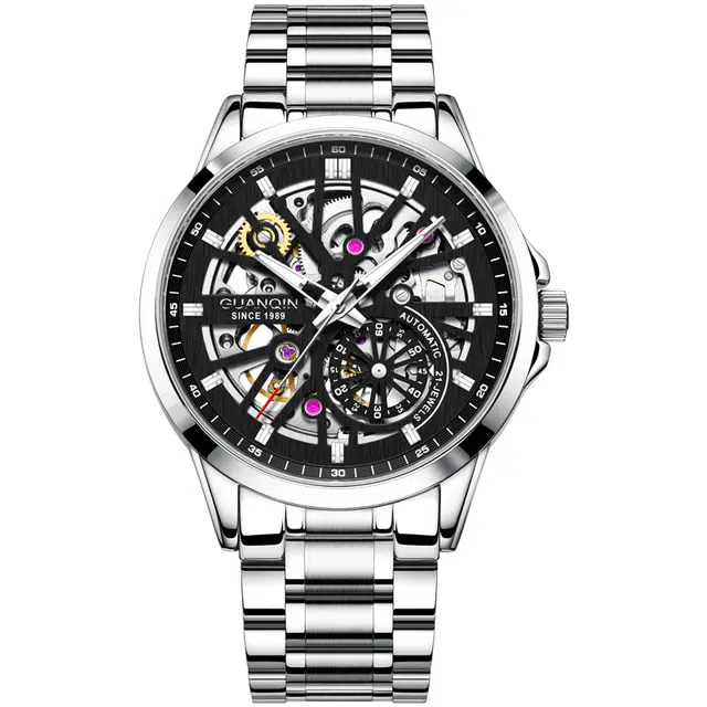 冠琴 双面镂空潮流机械手表夜光防水腕表 自动机械机芯 钢表带 国表 男表 镂空表盘 精美礼盒包装