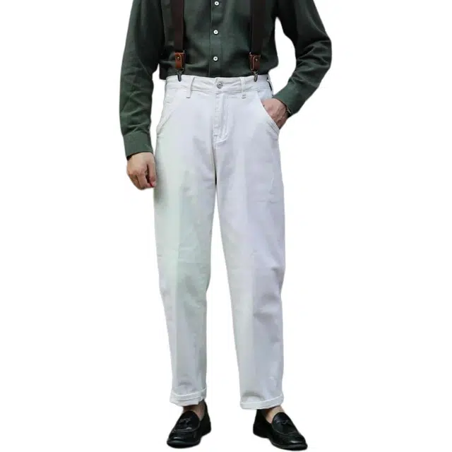 大格子与黑猫 白色中洗水弹力欧美风中高腰长裤休闲裤 男款