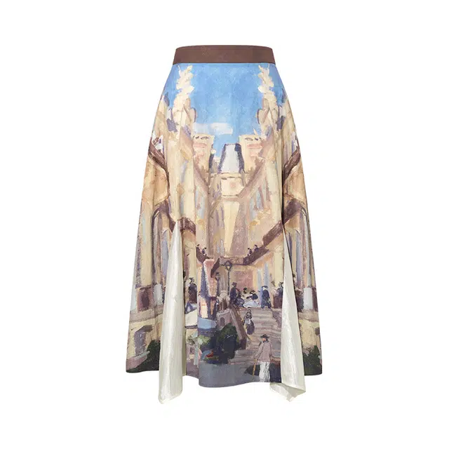 两三事 旧巷夕阳法式印花拼布不规则高腰半身裙休闲长裙 女款