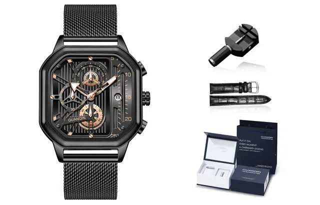 冠琴 大爆炸系列 机械风格全自动国潮运动手表 石英机芯 精钢表带 国表 男表 黑色表盘 多功能计时腕表礼盒包装