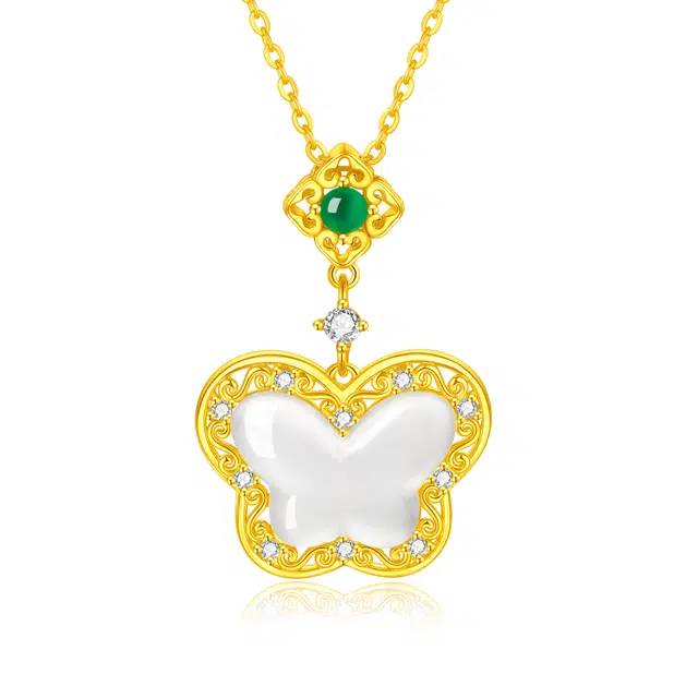 老凤祥 闪耀玉蝶 新中式国风招财蝴蝶闪耀清透气质纯银锁骨链小众轻奢简约百搭设计感吊坠告白约会精美礼盒#好运天然 玉髓 项链 女款