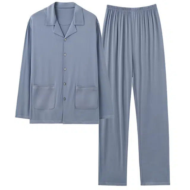 俏佳人 莫代尔垂感亲肤透气舒适柔软家居服开衫翻领简约纯色休闲宽松长袖长裤睡衣套装 男款