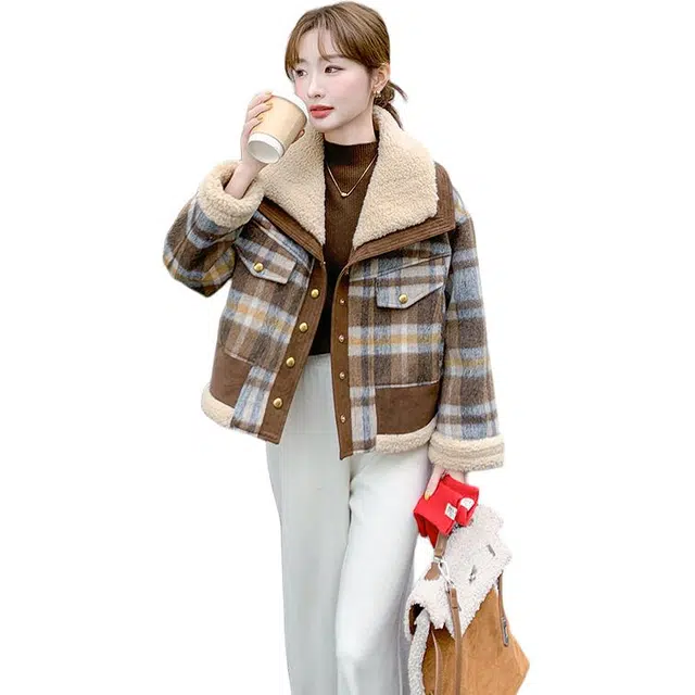 稻草人 复古格纹保暖设计感短款休闲秋冬绒感外套 女款