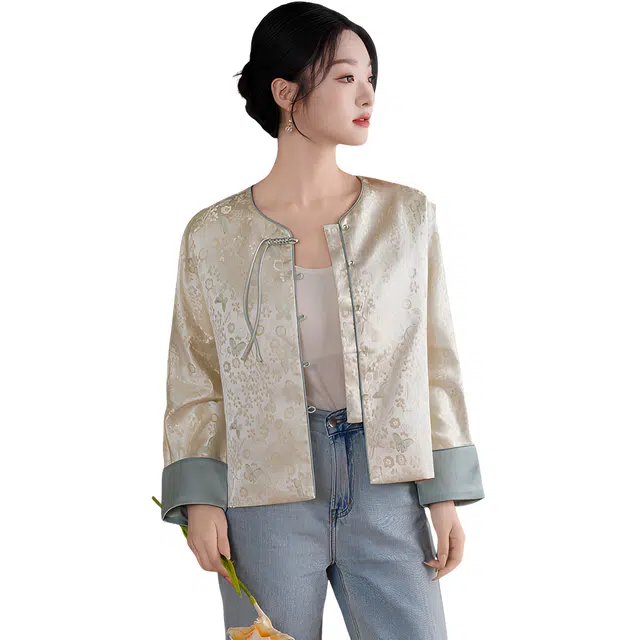 荟萃阁 新中式古风典雅盘扣缎面改良重工提花民族风百搭长袖上衣夹克 女款