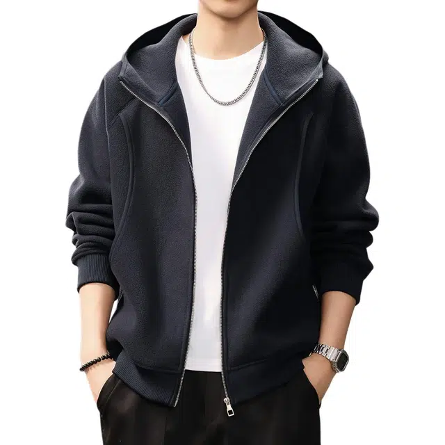 贵色 高端美式复古连帽纯色简约百搭绒感外套 男女同款