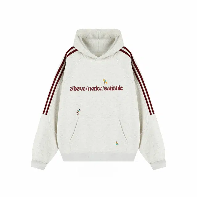 港仔文艺男 美式复古撞色拼接条纹经典三条杠趣味字母印花工艺插肩长袖上衣休闲百搭宽松连帽卫衣 男女同款