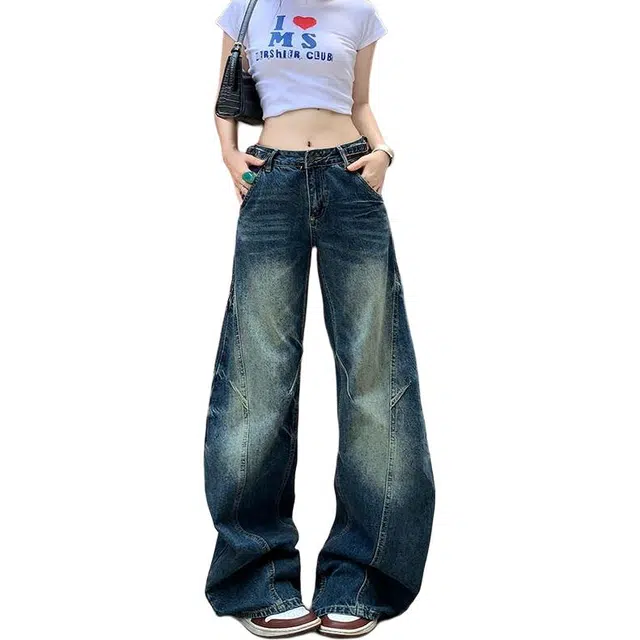 柏黛妃 美式复古阔腿女春秋高腰直筒宽松显瘦小众设计感拖地裤休闲裤 女款