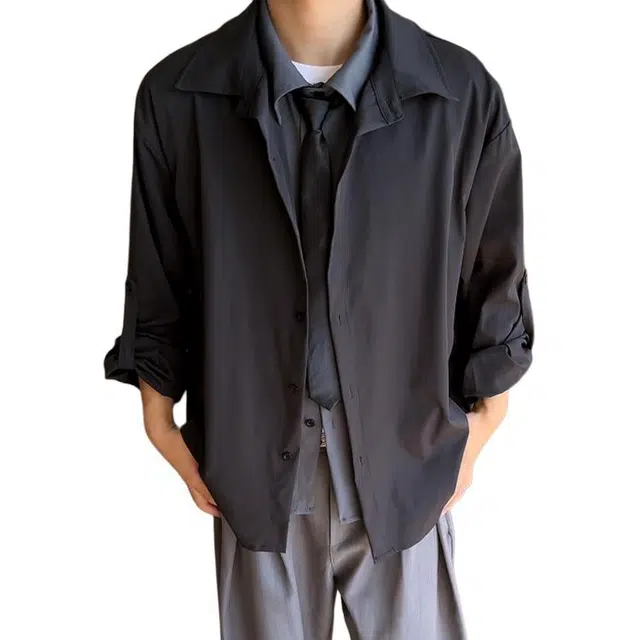 冈哉 美式超帅假两件衬衣休闲西装简约百搭宽松少年感叠穿潮搭垂感痞帅舒适外穿春秋款长袖衬衫  男女同款