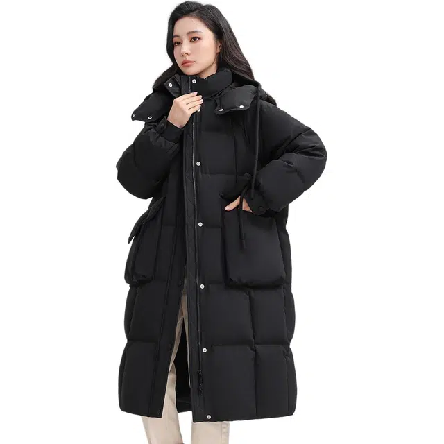 鸭鸭 长款连帽保暖纯色通勤简约舒适宽松百搭羽绒服 女款