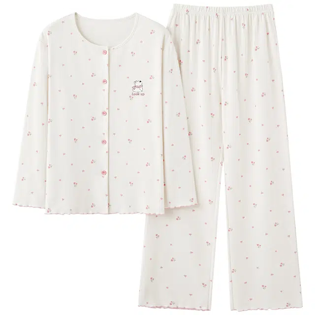 莫代尔 轻盈透气休闲百搭圆领开衫纯棉个性简约家居服可外穿睡衣套装 女款