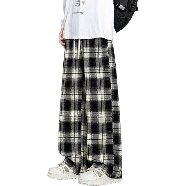 协协乐 高街风弯刀裤编织格子春秋季美式复古宽松直筒阔腿拖地裤百搭青少年痞帅抽绳长裤休闲裤 男款