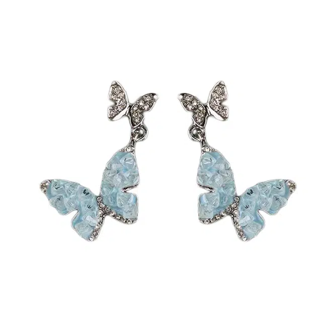 澜耀 甜美蓝色渐变色蝴蝶 小众设计气质轻奢小清新森系耳饰#好运 合金 耳环 女款