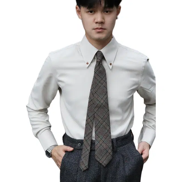 大格子与黑猫 大尖领修身雅痞纯色长袖衬衫 男款