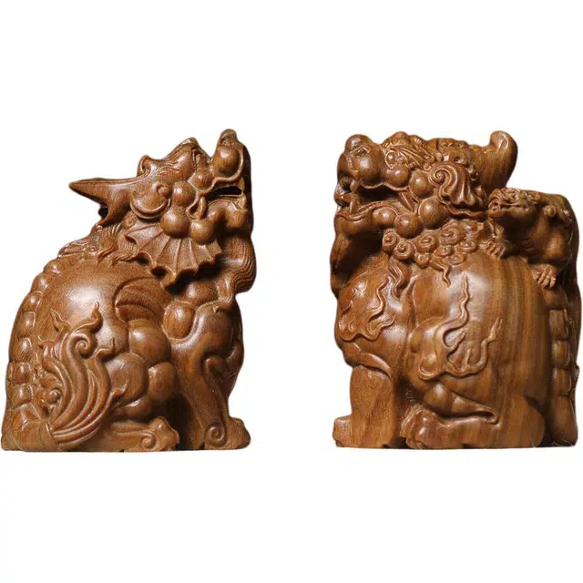 得笙陌 貔貅一对木质雕刻吉祥好运精致装饰国潮手把件车摆 绿檀 木作摆件 男女同款情侣款