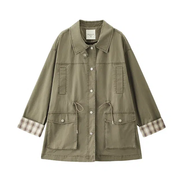 佐丹奴 卢正义明星同款纯棉拼接格纹翻领中长款外套风衣 女款