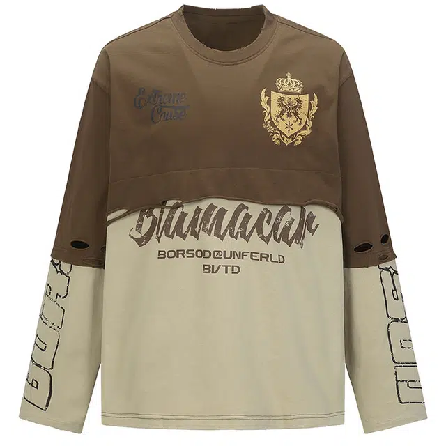 拾个壹先生 美式复古高街拼接拼色假两件宽松休闲百搭字母刺绣卫衣 男女同款