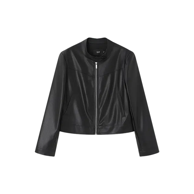 沫晗依美 机车风简约纯色通勤长袖皮衣 女款