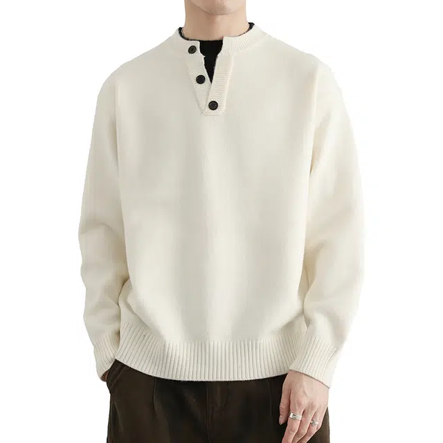 百胜狐 百胜狐冬季男圆领套头上衣假两件三粒扣打底衫青年百搭潮针织衫 男款