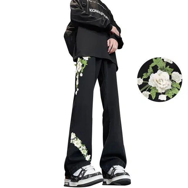 【万针刺绣3D立体浮雕】布客行 显腿长显高显瘦重工美式高街复古水洗直筒基础款花卉透气舒适亲肤休闲百搭微喇长裤牛仔裤 男女同款