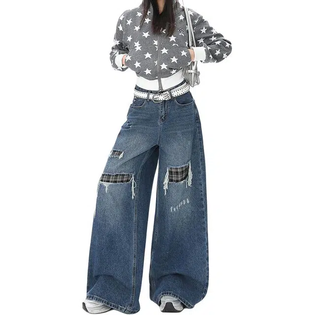 如续 美式复古格子拼接女宽松直筒阔腿拖地长裤子牛仔裤 女款