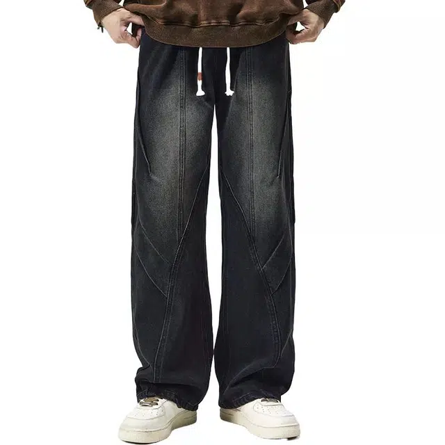 杜克恩 重磅水洗做旧工装阔腿裤秋季美式复古高街潮牌抽绳长裤宽松休闲直筒牛仔裤 男款