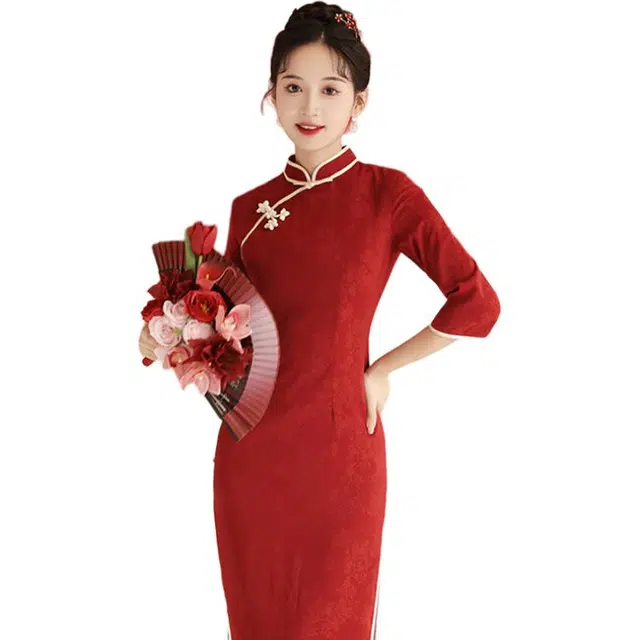 敲模女孩 新中式旗袍敬酒服新娘结婚婚服年轻款订婚礼服长袖连衣裙 女款