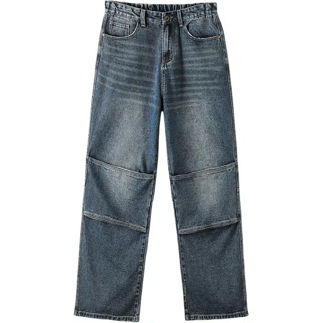 爱肯 解构拼接设计水洗做旧高街复古美式潮流时尚百搭休闲日常通勤宽松阔腿直筒拖地垂感小众高级感痞帅嘻哈牛仔裤 男女同款