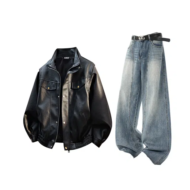 梓润格 简约时尚潮流酷飒舒适个性氛围感户外学院无性别主义翻领皮夹克外套宽松情侣外套复古蓝高街宽松设计感弯刀休闲运动套装 男女同款