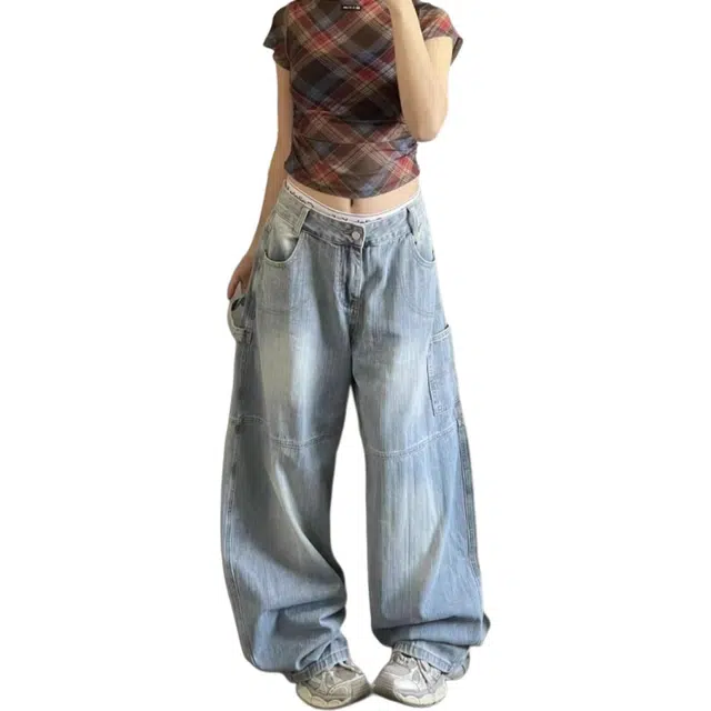 么宁 美式高街印花设计感水洗阔腿工装裤休闲直筒长裤牛仔裤 女款