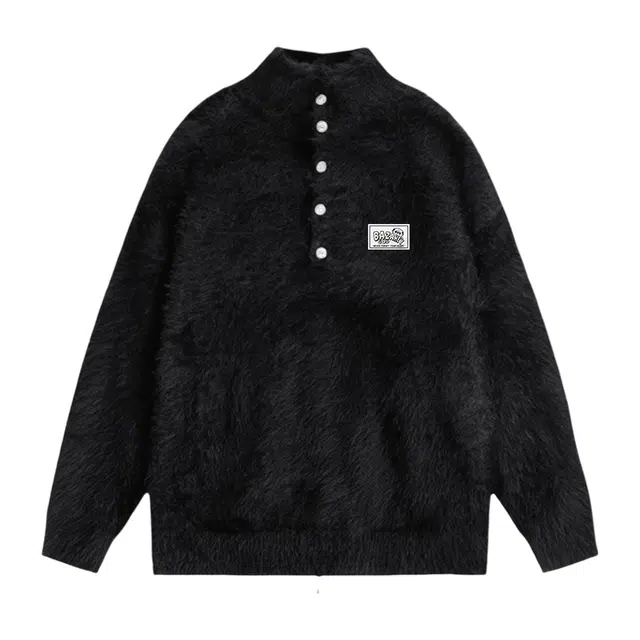 吾皇猫 美式复古高街简约基础款学院风半高领套头针织上衣潮流潮牌长袖贴布纽扣打底衫休闲宽松时尚百搭痞帅慵懒风秋冬款毛衣 男女同款