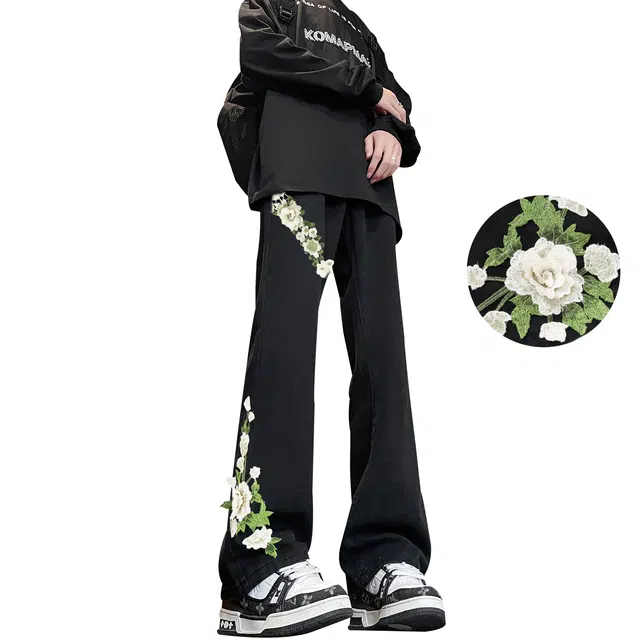 【万针刺绣3D立体浮雕】布客行 重工美式复古水洗直筒基础款花卉透气高街舒适亲肤休闲百搭微喇纯色显腿长显高显瘦长裤牛仔裤 男女同款