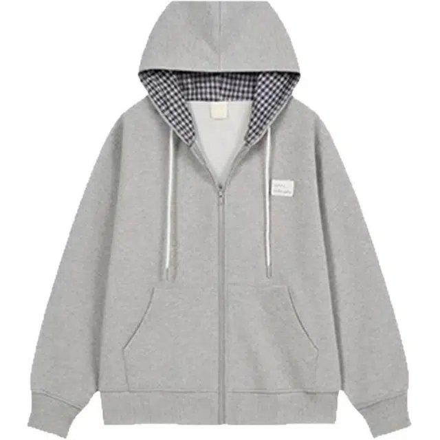 爱肯 美式复古撞色格纹内里宽松连帽开衫显瘦休闲潮流硬挺时尚百搭上衣情侣外套卫衣 男女同款