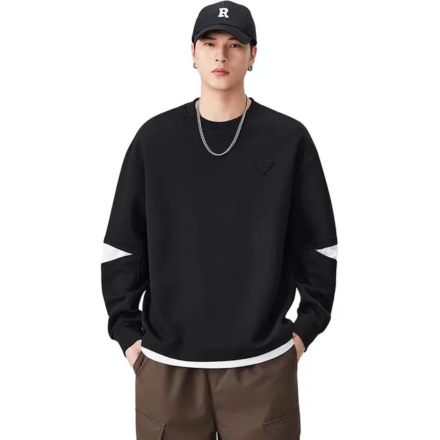 么宁 秋冬季美式宽松圆领长袖外套舒适透气打底衫简约百搭套头上衣潮流时尚个性拼接卫衣 男女同款