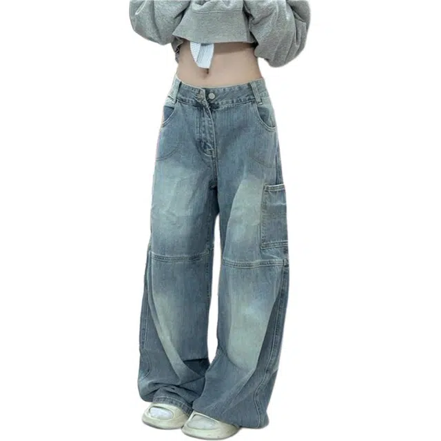 么宁 高街复古弯刀字母印花宽松慵懒感美式阔腿工装裤牛仔裤 女款